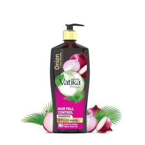 Bottle of Dabur Vatika Hair Fall Control Shampoo with Onion Oil and Saw Palmetto Extract on a white background